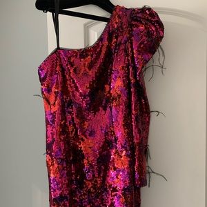 Aidan Mattox sequin and feather cocktail dress